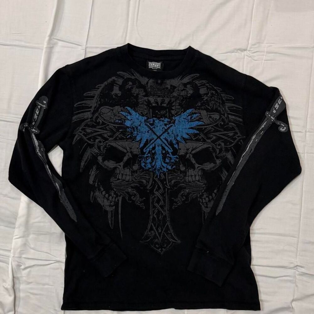 Vtg y2k MMA Elite Thermal Longsleeve Shirt Mens Black Size L Skull
